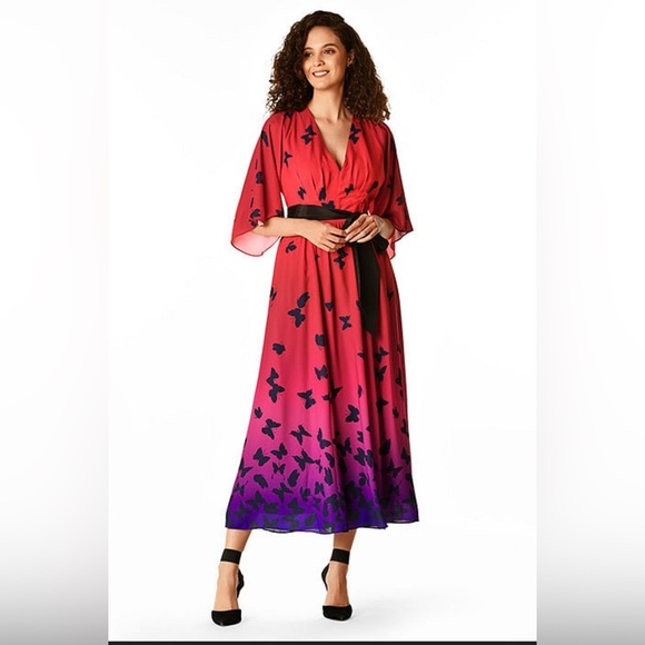 Wayward Fancies eShakti Kimono Sleeve Ombre Butterfly Print Crepe Dress Size 16 - Picture 1 of 8